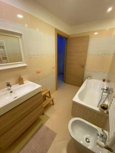 a bathroom with a sink and a tub and a toilet at Appartamento al mare - Porto Recanati in Porto Recanati