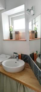 een badkamer met een witte wastafel en een spiegel bij Le loft-boat in Deauville