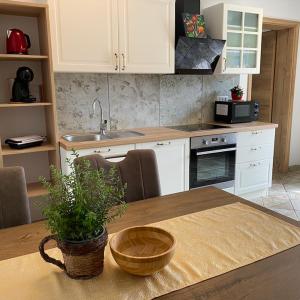 una cocina con una mesa con una planta en Spacious apartment in nature with infrared sauna! en Postojna