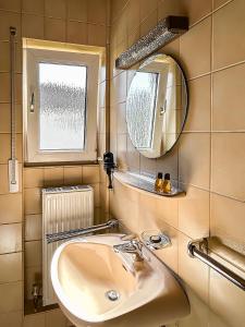 een badkamer met een wastafel, een spiegel en een raam bij Keller Höhe in Andernach