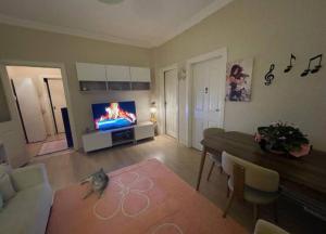 ein Wohnzimmer mit einem Sofa, einem Tisch und einem TV in der Unterkunft Cosy and fully furnished 2 bedroom apartment in Istanbul