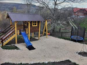 een speeltuin met een glijbaan en een speelstructuur bij Casa Savu Secaria in Secăria