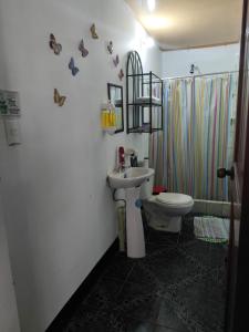 a bathroom with a sink and a toilet and a shower at Tortuguero Casa de Playa Green House in Tortuguero