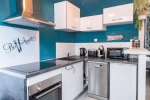 a kitchen with white appliances and blue walls at Le louisiane/parking/wifi, jardins de la fontaine in Nîmes