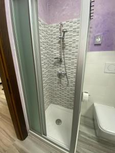 La salle de bains est pourvue d'une cabine de douche et de toilettes. dans l'établissement Appartamento “La casetta di Mirto”, à Porlezza