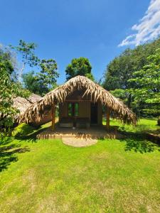 Cabaña pequeña con techo de paja en un campo de césped en Hasthi Safari Cottage, en Udawalawe