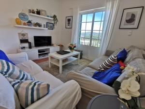a living room with two couches and a tv at Casa Colina Troviscainho in Sertã