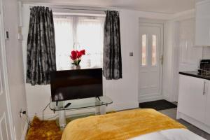 um quarto com uma cama, uma televisão e uma janela em The White House Retreat em Londres