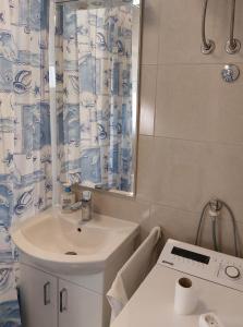 La salle de bains est pourvue d'un lavabo et d'un rideau de douche. dans l'établissement Villa Wind Apartments, à Drače