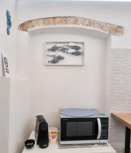 un forno a microonde seduto sopra un bancone accanto a una cucina di La casa di Michele a Termoli