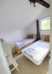 a small room with a bed and a table at Charming Cottage Novo Čiče in Novo Čiče