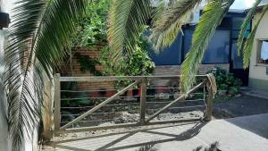 um portão em frente a uma casa com uma palmeira em Loft Salta em Bahía Blanca