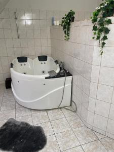 Remo's Villa by Zugló في بودابست: حوض استحمام في حمام مزين بالبلاط مع سجادة