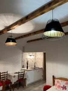 ボサンスカ・グラディシュカにあるApartmani Suboticの天井から吊るされた二つの灯り付きキッチン