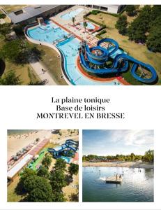 un collage di tre foto di un parco acquatico di Bulles étoilées Appartement avec jacuzzi privé a Montrevel-en-Bresse