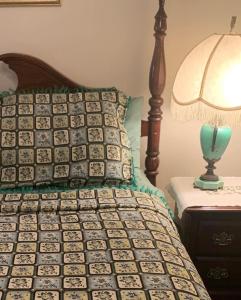 um quarto com uma cama com um candeeiro sobre uma mesa em Innisfree Bed & Breakfast em South Bend