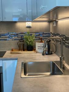 a kitchen with a sink and a counter top at Hundbergan apartment-free parking-15 min from Tromsø in Trondalen