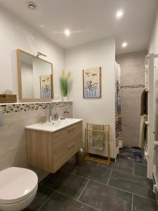 a bathroom with a sink and a toilet and a mirror at Maison Gecko in Ornaisons