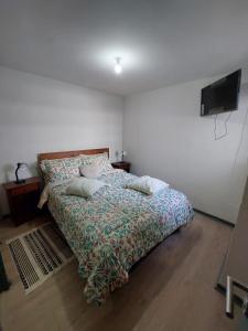 1 dormitorio con 1 cama y TV en la pared en Hermoso departamento nuevo amoblado, en Arica