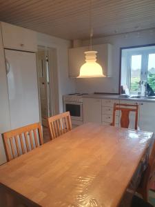 a kitchen with a large wooden table and chairs at Damsbo hytten in Brenderup