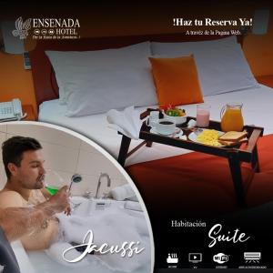 a man in a bathtub with a tray of food at Ensenada Hotel in San Juan de Marcona