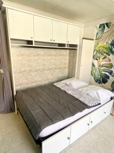 een bed in een kamer met witte kasten bij Grand studio cosy à 300m de la mer avec parking in Canet-en-Roussillon