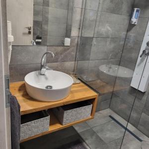 a bathroom with a sink and a shower at Bornemisza Kúria Wellness Resort in Tiszabecs
