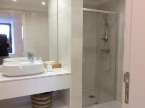 een badkamer met een wastafel en een douche bij Casa do Norte in Prainha de Cima