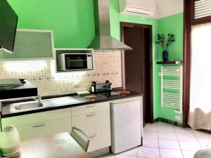 - une cuisine verte avec évier et four micro-ondes dans l'établissement Apartment Bergamo Centro Storico, à Bergame