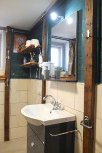 ein Bad mit einem Waschbecken und einem Spiegel in der Unterkunft Muskátli Vendégház in Szeged