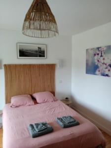 1 dormitorio con 1 cama rosa y 2 toallas en Le Cosy, en Hiersac