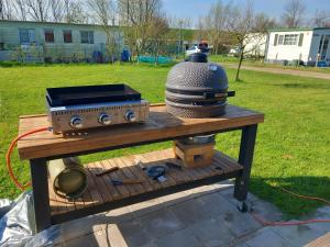 a grill on a table with a vase on it at Glamping aan de Thoolse kust in Poortvliet