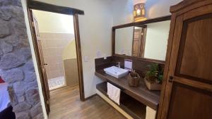 een badkamer met een wastafel en een spiegel bij Cabañas La Cascada in Zacatlán