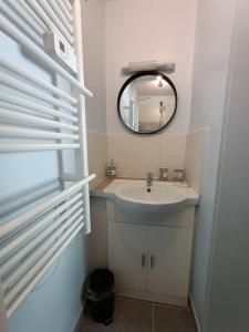 een kleine badkamer met een wastafel en een spiegel bij Le Hutteau in Vaudricourt