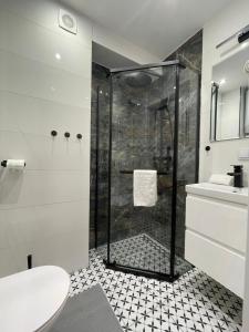 La salle de bains est pourvue d'une douche, de toilettes et d'un lavabo. dans l'établissement Przytulny Apartament niedaleko Radomskiego Centrum Sportu, à Radom
