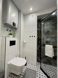 La salle de bains est pourvue d'une douche et de toilettes. dans l'établissement Przytulny Apartament niedaleko Radomskiego Centrum Sportu, à Radom