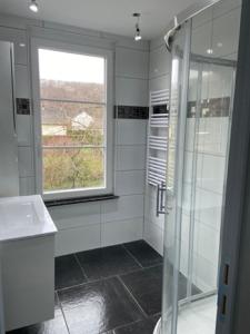 baño con ducha, lavabo y ventana en Gite d l'ardoise Privé en Fumay