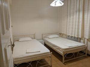 2 camas en una habitación de hospital con ventana en Casa di Gio en PalaiónTsiflíkion