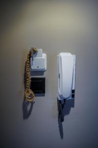 Eine Schlange ist an ein Telefon in einem Badezimmer angeschlossen. in der Unterkunft Bridge Brazen in Edessa