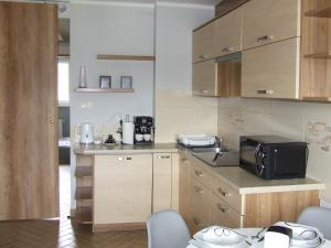 a kitchen with wooden cabinets and a microwave at Way2Jaworzyna in Krynica Zdrój
