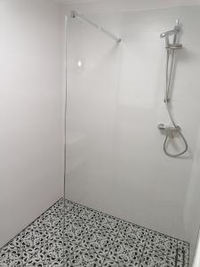 y baño con ducha y puerta de cristal. en Dąbrówka, en Nowy Sącz