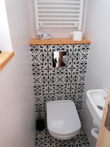 uma casa de banho com um WC branco e um lavatório. em Dąbrówka em Nowy Sącz