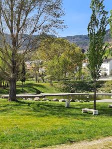 um parque com um lago e árvores e uma ponte em Glaciar Guest House em Manteigas