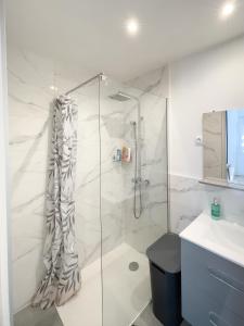 a white bathroom with a shower and a sink at Appart'Hotel Le Tilleul - NETFLIX, JARDIN ET FIBRE OPTIQUE in Belfort