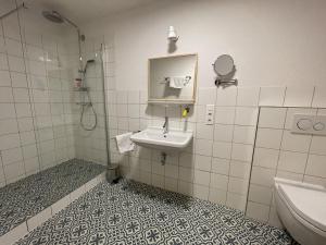 ein Bad mit einem Waschbecken, einer Dusche und einem WC in der Unterkunft Les appartements du Manoir des Sens in Thannenkirch