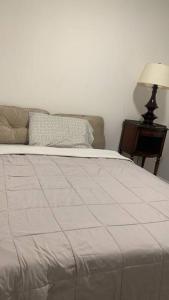 a bed with a white comforter and a table with a lamp at 2bd Spacious S. Philly Row-House, Wi-Fi & 1.5 bath in Philadelphia