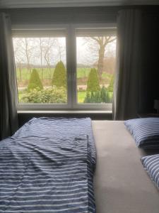 a bed in front of a window in a bedroom at Haus Sofell in Padenstedt