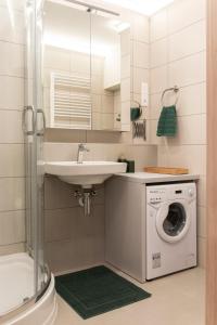 un bagno con lavatrice e lavandino di Grand Suites Central a Budapest Altre 113 foto