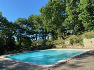 a blue swimming pool with trees in the background at L'ocanda Rancioli in San Casciano dei Bagni