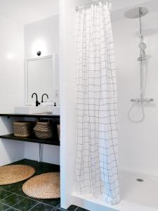 een badkamer met een douchegordijn en een wastafel bij La Diligence, gîte de caractère au cœur d'Arbois in Arbois